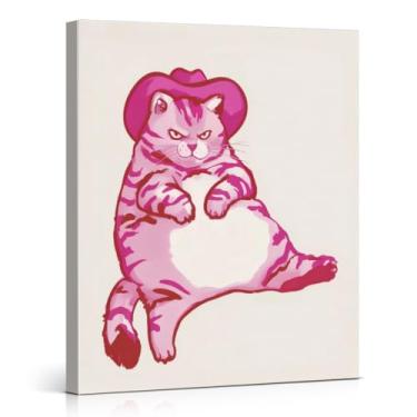 Imagem de Impressão artística de parede de gato caubói rosa moderno imagem retrô de gato ocidental decoração de parede animal rosa para casa sala de estar quarto 20 x 25 tela emoldurada