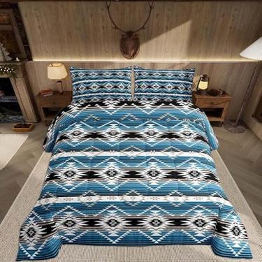 Imagem de Feelyou Conjunto de edredom infantil ocidental, tamanho queen, asteca do sudoeste, geométrico, vintage, para quarto de crianças, meninos, meninas, boêmio, tribal, rústico, azul, preto, ultramacio