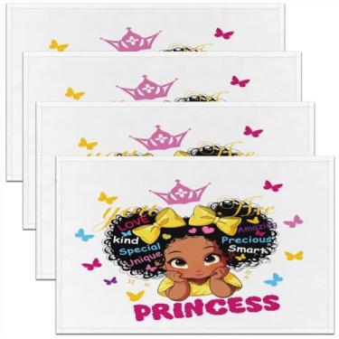 Imagem de jejeloiu Jogo americano mágico para meninas negras, conjunto de 45,7 x 30,5 cm, tapetes de mesa afro-americanos para crianças, mulheres, adolescentes, princesas, decoração para cozinha, mesa de jantar