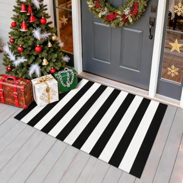 Imagem de Fixseed Tapete listrado preto e branco, 8,5 x 1,5 m, tapete para porta da frente, exterior, listrado, de algodão, lavável, interior, exterior, capachos para pátio, casa de fazenda, entrada, cozinha