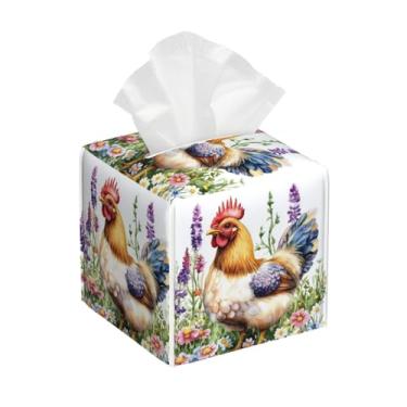 Imagem de Capa de caixa de lenços de couro PU 12 x 13 x 5,5 cm, pintura galo de galo flor casa de fazenda suporte de caixa de lenços decorativo para banheiro, decoração de carro de escritório em casa