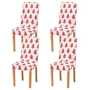 Imagem de Wassud Capas de cadeira vermelhas para jantar com árvores de Natal, capas de cadeira elásticas, capas de cozinha, laváveis, conjunto de 4