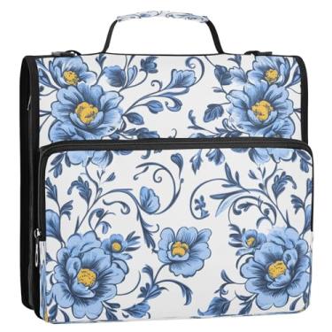 Imagem de CEBUGI Fichário de 3 anéis com zíper com alça de ombro, pasta de arquivo expansível de 3,8 cm, anéis D, para escola, escritório, buquê azul retrô