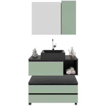 Imagem de Kit Gabinete Balcão E Espelheira De Banheiro Marina Mármore Lunar/verd