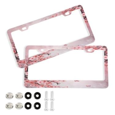 Imagem de Wassud Moldura de placa de licença de árvore de cerejeira com parafusos, 2 molduras decorativas de alumínio para carro de alumínio, acessórios universais de carro para mulheres e homens