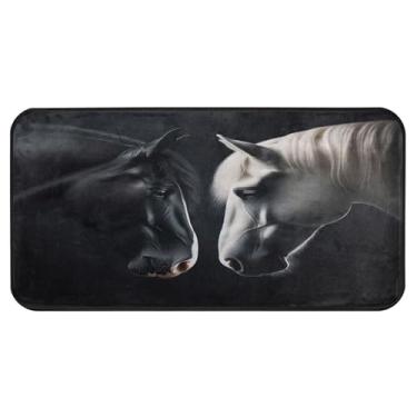 Imagem de Burbuja Tapete de cozinha de cavalo preto e branco 51 x 99 cm, tapete lavável antiderrapante com suporte de borracha, tapete para cozinha, sala de estar, banheiro, decoração de casa