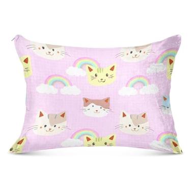 Imagem de Burbuja Capa de almofada de arco-íris pastel com cara de gato tamanho Queen 50,8 x 76,2 cm, capa de almofada de pelúcia ultramacia e aconchegante com zíper para pele de cabelo