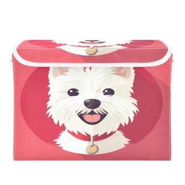 Imagem de STAYTOP Cesto de armazenamento dobrável para cachorro branco fofo com tampa, caixa de armazenamento decorativa, organizador de recipientes, cestas de armazenamento para quarto, armário e sala de estar