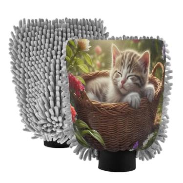Imagem de STAYTOP Luvas de lavagem de carro Cat in The Basket, 2 peças, luvas de microfibra de chenille, sem arranhões, panos de esponja de lavagem ultra absorventes para carros, limpeza doméstica - M