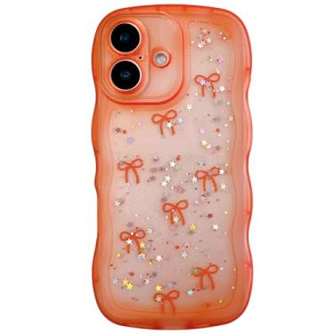 Imagem de Qokey Capa para iPhone 17, estrela com glitter e design de alça de borda curvada, capa de TPU transparente à prova de choque de grau militar, proteção brilhante resistente a arranhões, laço laranja