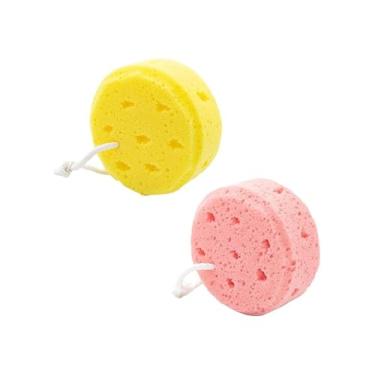 Imagem de 2 peças de esponja de banho de favo de mel de fibra natural para adultos e crianças, bola esfoliante macia, esfoliante suave para banho e cuidados com a pele, não áspero nas mãos, rosa e amarelo