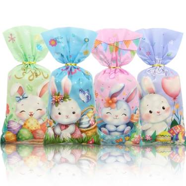 Imagem de Geluode Sacos de celofane de Páscoa, 50 unidades de sacos de doces em 4 designs, sacos de doces sacos de lanche com laços dourados torcidos para lembrancinhas de festa de Páscoa suprimentos