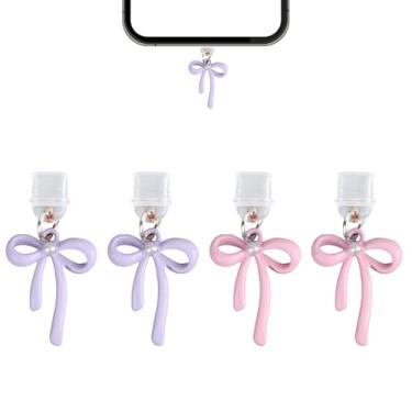 Imagem de 4 peças de pingentes de plugue de poeira para Kindle, capas decorativas tipo C porta de carregamento acessórios antipoeira para telefones E-Readers, presente de coquete (rosa, roxo)