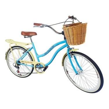 Imagem de Bicicleta Aro 26 Retrô Vintage Feminina Cesta Azul BB Bege
