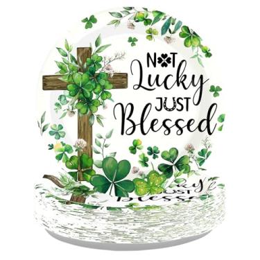 Imagem de Greencian 50 peças de suprimentos de festa do dia de São Patrício 25,4 cm pratos de papel trevo cruzado descartáveis Not Lucky Just Blessed para lembrancinhas do festival do dia de São Patrício
