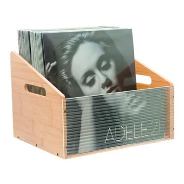 Imagem de MinBoo Caixa organizadora de discos de vinil com alças, comporta mais de 60 discos LP, caixa organizadora de acrílico e bambu de 30 cm para álbuns, livros, brinquedos – Caixa de armazenamento de