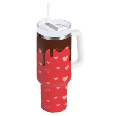 Imagem de Blueangle Copo com isolamento de coração de chocolate ao leite de 1,134 g com alça e tampa de palha, caneca de viagem reutilizável de aço inoxidável (570)