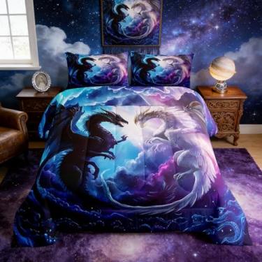 Imagem de Castle Fairy Conjunto de cama solteiro com dragão preto e branco, nebulosa sonhadora, galáxia, para decoração de quarto de crianças e adolescentes, vida selvagem mágica ocidental, conjunto de edredom