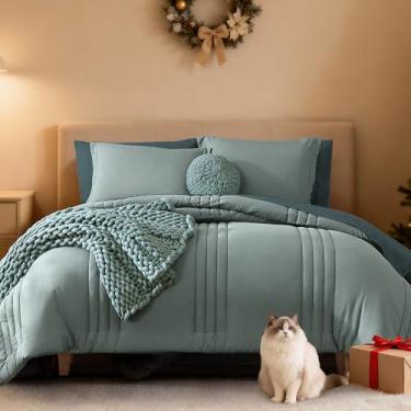 Imagem de Monbix Conjunto de edredom tamanho king grande – 7 peças, cama verde sálvia em uma bolsa, conjunto de cama king extragrande com edredom, todas as estações, conjunto de cama com lençóis, fronhas e