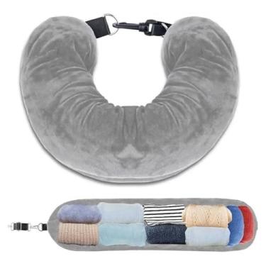 Imagem de Almofada De Pescoço De Viagem Preenchível Com Bolsa De Armazenamento Travesseiro Formato U Avião (Cinza)