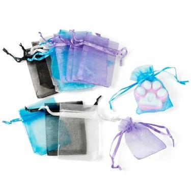 Imagem de FASHEWELRY 100 unidades de sacos de organza transparente de 6 x 5 cm com cordão, mini tecido transparente, bolsas de joias de malha, sacos de presente de festa de casamento, saco de doces para