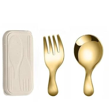 Imagem de Mini garfo de colher portátil para uso ao ar livre, aço inoxidável 304, viagem, acampamento, garfo de colher de cabo curto para uso diário de piquenique (ouro)