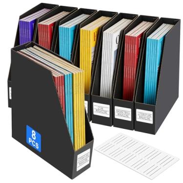 Imagem de YOTINO Pacote com 8 porta-revistas de papelão preto, suportes de arquivo de revista, organizador vertical de arquivos de mesa, suporte resistente de papelão para prateleiras e escrivaninha