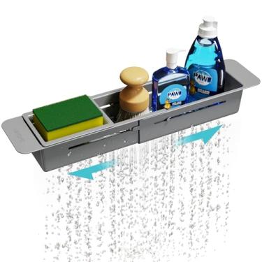 Imagem de NiHome Organizador de cozinha extensível sobre a pia, pequeno rack de armazenamento de escovas telescópicas para esponja, almofadas antiderrapantes, suporte expansível para pia, esponja/escova