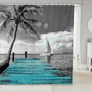 Imagem de Manfei Cortinas de chuveiro costeiras com tema de oceano de verão, cortinas de banho impermeáveis com palmeira tropical com 12 ganchos para banheira, decoração de quarto de crianças, meninos e meninas