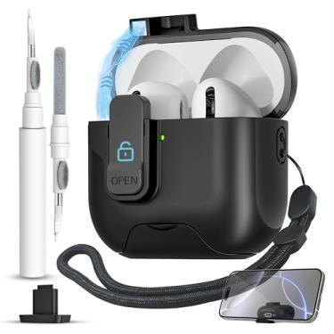 Imagem de Capa para AirPods 4 com trava segura, trava magnética automática com função de suporte de telefone, kit de limpeza de capa protetora rígida à prova de choque para Apple AirPod capa de 4ª geração 2024
