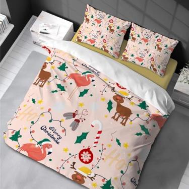 Imagem de Conjunto de capa de edredom de Natal, tamanho Queen, 3 peças, alce, veado, rena, floco de neve, rosa, decoração de quarto de animal, 200 x 200 cm, 80 x 80 cm x 80 cm x 2 cm
