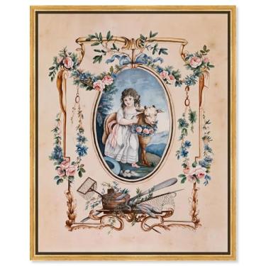 Imagem de Art Remedy Retratos clássicos de tela Little Shepherdess with Lamb 1940, moldura dourada, 40,6 cm x 50,8 cm