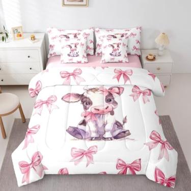 Imagem de Erosebridal Conjunto de cama de vaca com desenho animado de animais de fazenda, princesa rosa, com laço Queen, 7 peças, fofo, kawaii, para decoração de quarto de crianças, meninas e adolescentes