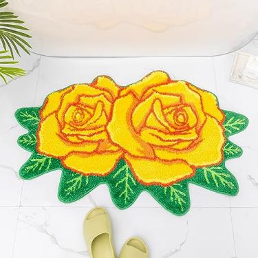 Imagem de Tapete de banheiro rosa amarelo fofo em forma de flor tapete de banheiro decoração de folha verde tapete de banheiro antiderrapante tapete de microfibra tapete de banheira lavável absorvente tapetes