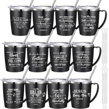 Imagem de Widecook 12 peças canecas de café cristãs com tampa e canudo versículo bíblico copos de presentes religiosos 350 ml copo inspirador isolado de aço inoxidável para igreja mulheres homens (preto)