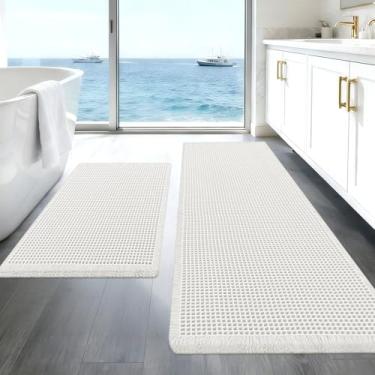 Imagem de Conjunto de tapetes de banheiro de waffle atualizados, brancos, super absorventes, antiderrapantes, de secagem rápida, com borlas, laváveis na máquina, tapetes de banheiro ultra macios para chão