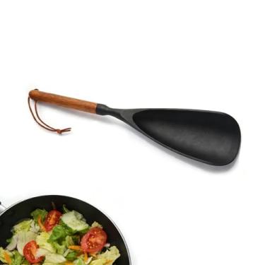 Imagem de Conjunto de utensílios de cozinha de silicone premium – colher e concha de espátula multifuncional com cabo de madeira, seguro para panelas antiaderentes - ideal para cozinhar/assar/servir (preto, 1