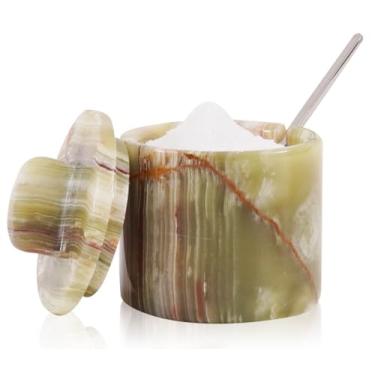 Imagem de SPESHSTONES Adega de sal de mármore com tampa e colher recipientes de tempero verdes de 10 cm para presentes domésticos, potes de especiarias decorativos, açucareiro e saleiro escamoso para