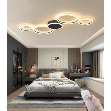 Imagem de Luminária de teto LED dimerizável preta/dourada com design moderno e criativo em formato de anel, com controle remoto, iluminação suave para os olhos, ideal para sala de estar, quarto e escr