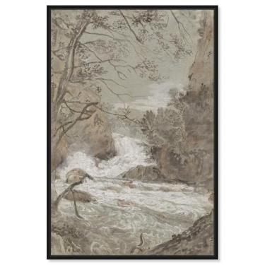 Imagem de Art Remedy Paisagem de rio com uma cachoeira 1704 arte de paisagem vintage em tela, moldura preta, 25,4 cm x 38,1 cm