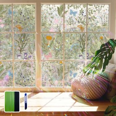 Imagem de Flortlias Película de privacidade para janela floral, vitral, decorativa, arco-íris, para decoração de vidro, banheiro, porta, carro, flores silvestres com ferramentas, 200 x 58 cm