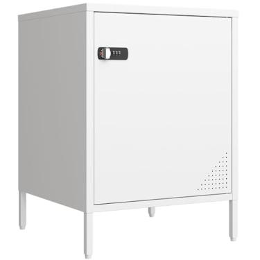 Imagem de Steehoom Mesa de cabeceira de metal de porta única mesa de cabeceira com trava armário de armazenamento para sala de estar, quarto, dormitório, 53 cm A x 38 cm L x 38 cm P