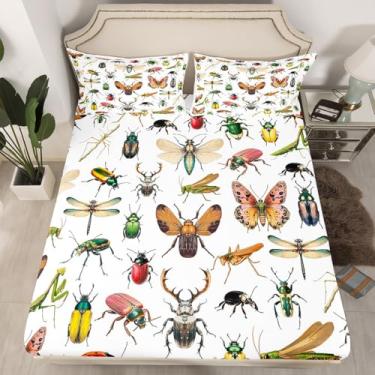 Imagem de Jogo de cama Queen com insetos 3D, joaninha, mariposa, besouro, 3 peças, para decoração de quarto de crianças, adolescentes, mulheres, homens, lençol com elástico alto, 2 fronhas