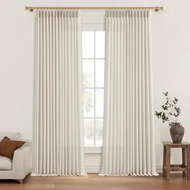 Imagem de Cortinas plissadas extra longas com pregas de 2,4 cm, cortina plissada de linho natural para sala de estar, escurecimento de quarto, painéis de tecido grosso, filtro de luz, 2,4 m, creme, bétula