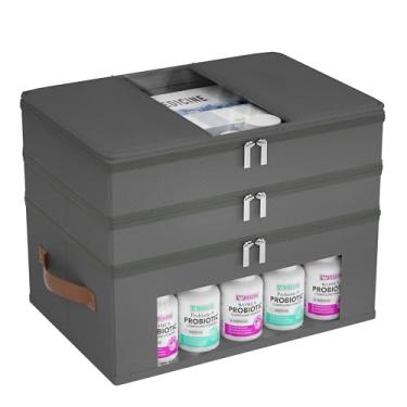 Imagem de Whiidoom Organizador de armário de remédios de 3 camadas, organizador de medicamentos de tecido para armário com alça de couro, caixa de armazenamento de medicamentos para primeiros socorros