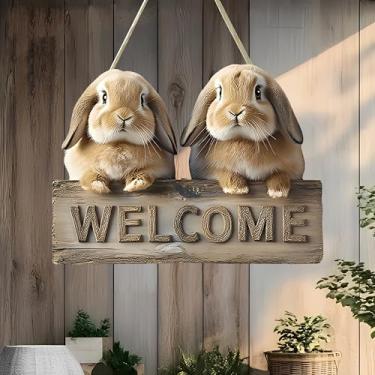 Imagem de Linda placa de boas-vindas para pendurar coelhinho de orelhas - Decoração aconchegante de entrada, presente ideal para amantes e amigos de coelhos/MP-14