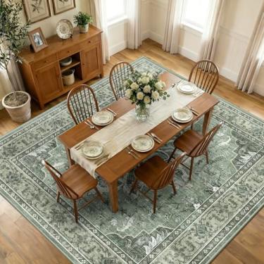 Imagem de RELEANY Tapetes quadrados, 3 metros, lavável, antiderrapante, estampa floral, vintage, tapete medalhão para sala de estar, quarto, sala de jantar, verde-escuro, cinza