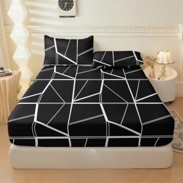 Imagem de Jogo de Lençol Listras Preto e Branco 3 Peças Percal Estampado Solteiro/Casal/Queen(Marmorizado Preto,Casal 03 Peças)