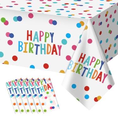 Imagem de mwellewm Pacote com 6 toalhas de mesa de aniversário de plástico para decoração de feliz aniversário, decoração de festa, retangular, impermeável, para chá de bebê, 137 x 272 cm