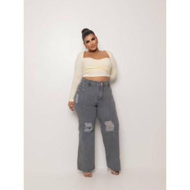 Imagem de Calça Jeans Feminina Cinza Wideleg Destroyed Plus Size Cintura Alta 